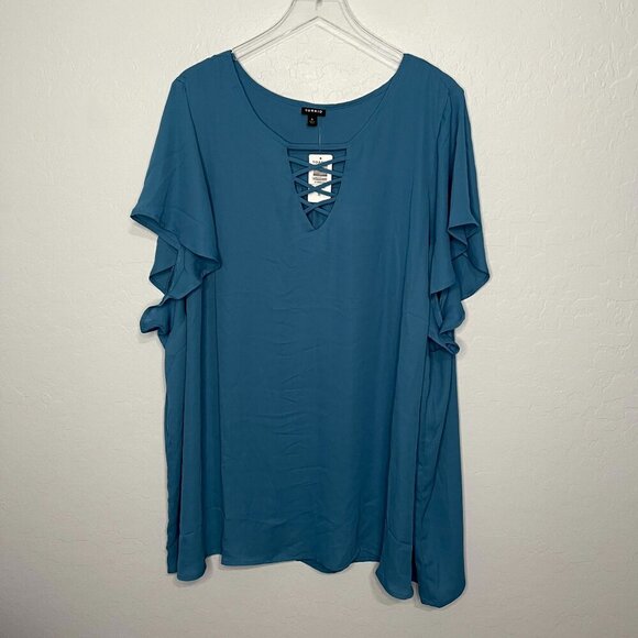 Torrid Georgette Lattice V Neck Flutter Sleeve Bluesteel Blouse Top 6 6X 30 - Picture 1 of 6